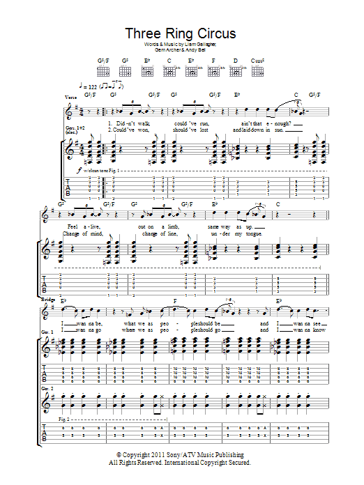 Beady Eye Three Ring Circus Sheet Music Notes & Chords for Guitar Tab - Download or Print PDF
