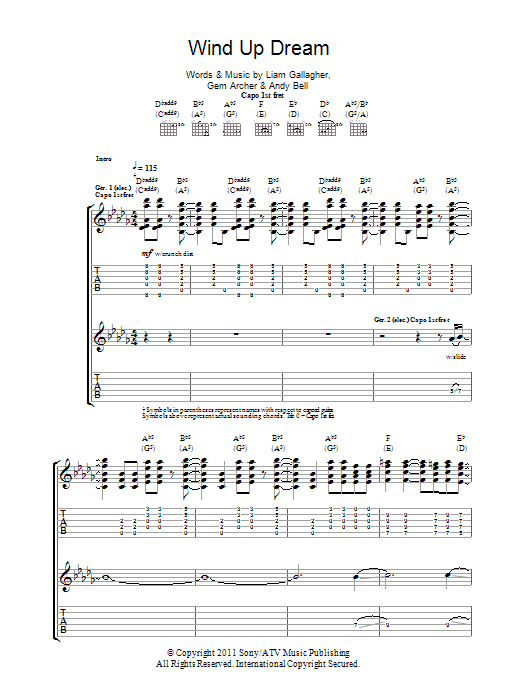 Beady Eye Wind Up Dream Sheet Music Notes & Chords for Guitar Tab - Download or Print PDF