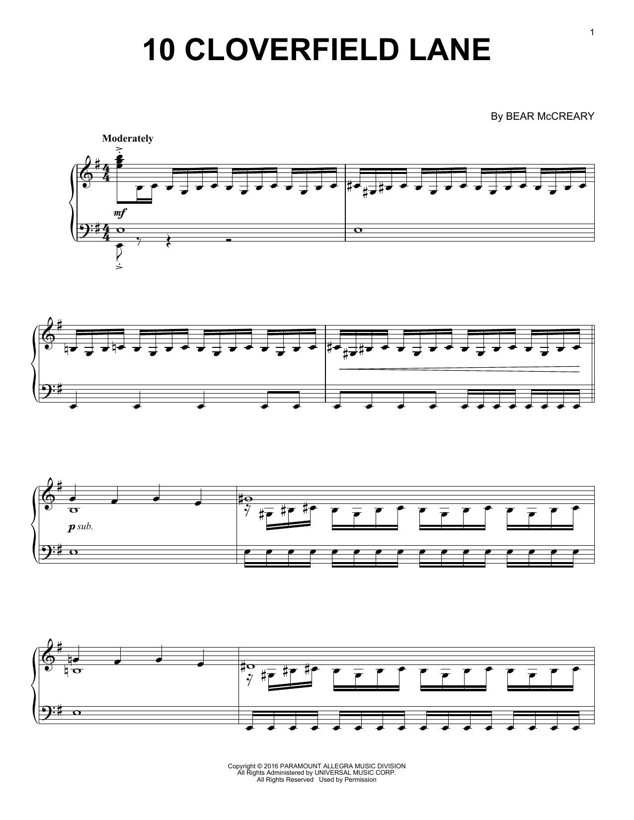 Bear McCreary 10 Cloverfield Lane (Main Title) Sheet Music Notes & Chords for Piano Solo - Download or Print PDF