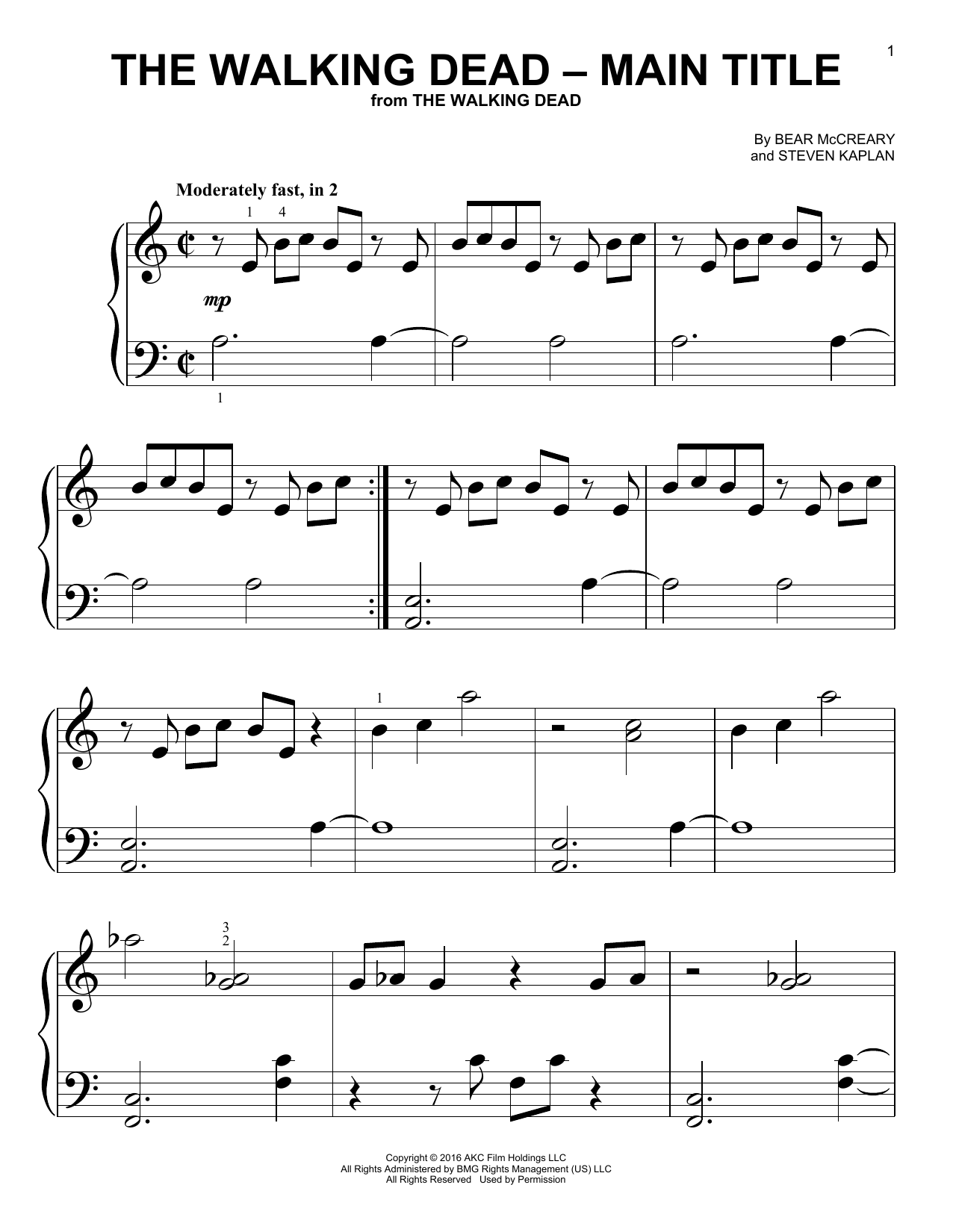 Bear McCreary and Steven Kaplan The Walking Dead - Main Title Sheet Music Notes & Chords for Big Note Piano - Download or Print PDF
