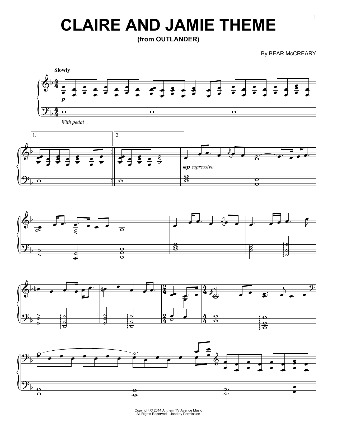 Bear McCreary Claire And Jamie Theme (from Outlander) Sheet Music Notes & Chords for Piano Solo - Download or Print PDF