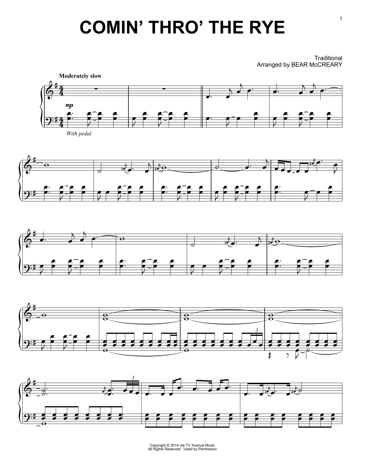 Bear McCreary Comin' Thro' The Rye (from Outlander) Sheet Music Notes & Chords for Piano Solo - Download or Print PDF