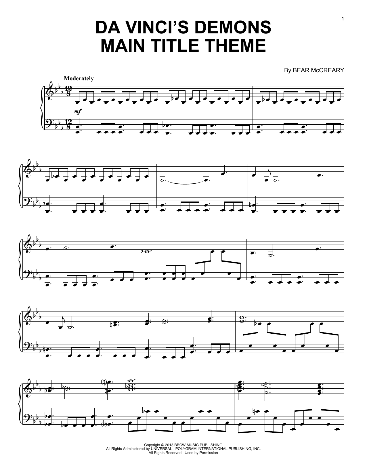 Bear McCreary Da Vinci's Demons - Main Title Theme Sheet Music Notes & Chords for Piano Solo - Download or Print PDF