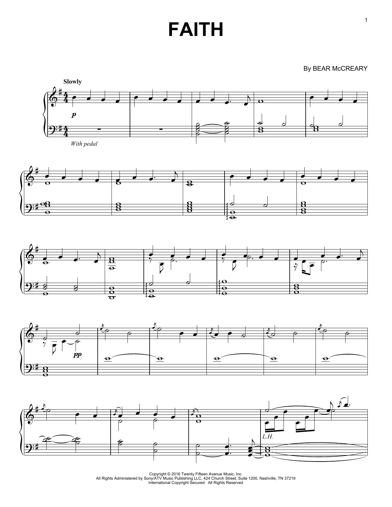 Bear McCreary Faith (from Outlander) Sheet Music Notes & Chords for Piano Solo - Download or Print PDF