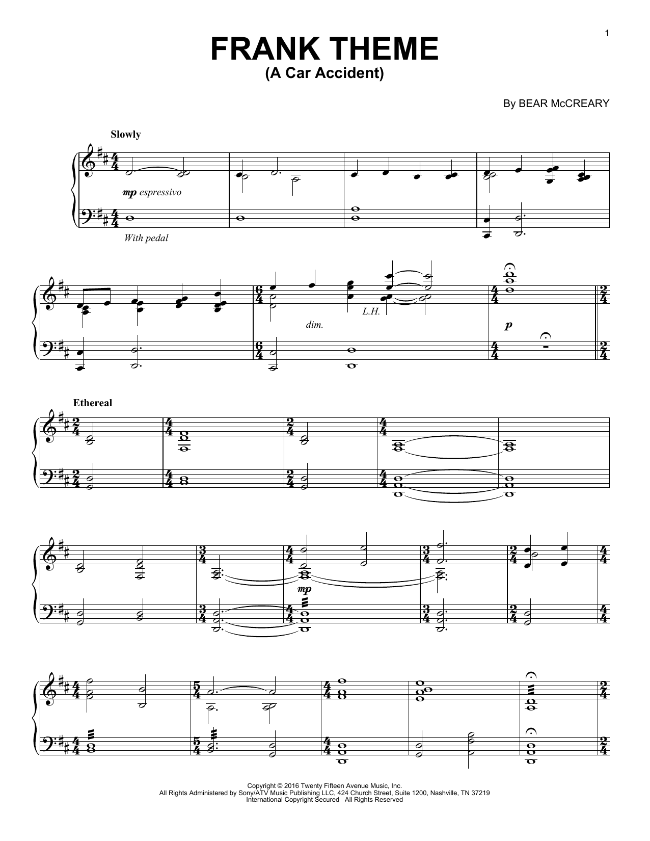 Bear McCreary Frank Theme (A Car Accident) (from Outlander) Sheet Music Notes & Chords for Piano Solo - Download or Print PDF