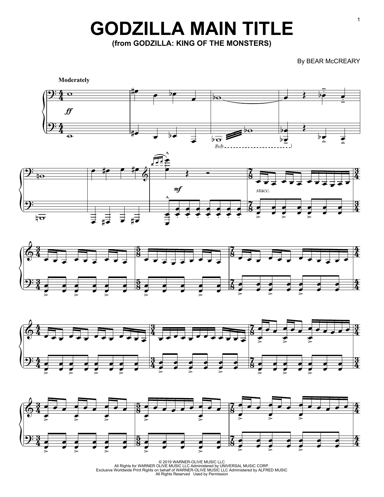 Bear McCreary Godzilla: King Of The Monsters (Main Title) Sheet Music Notes & Chords for Piano Solo - Download or Print PDF