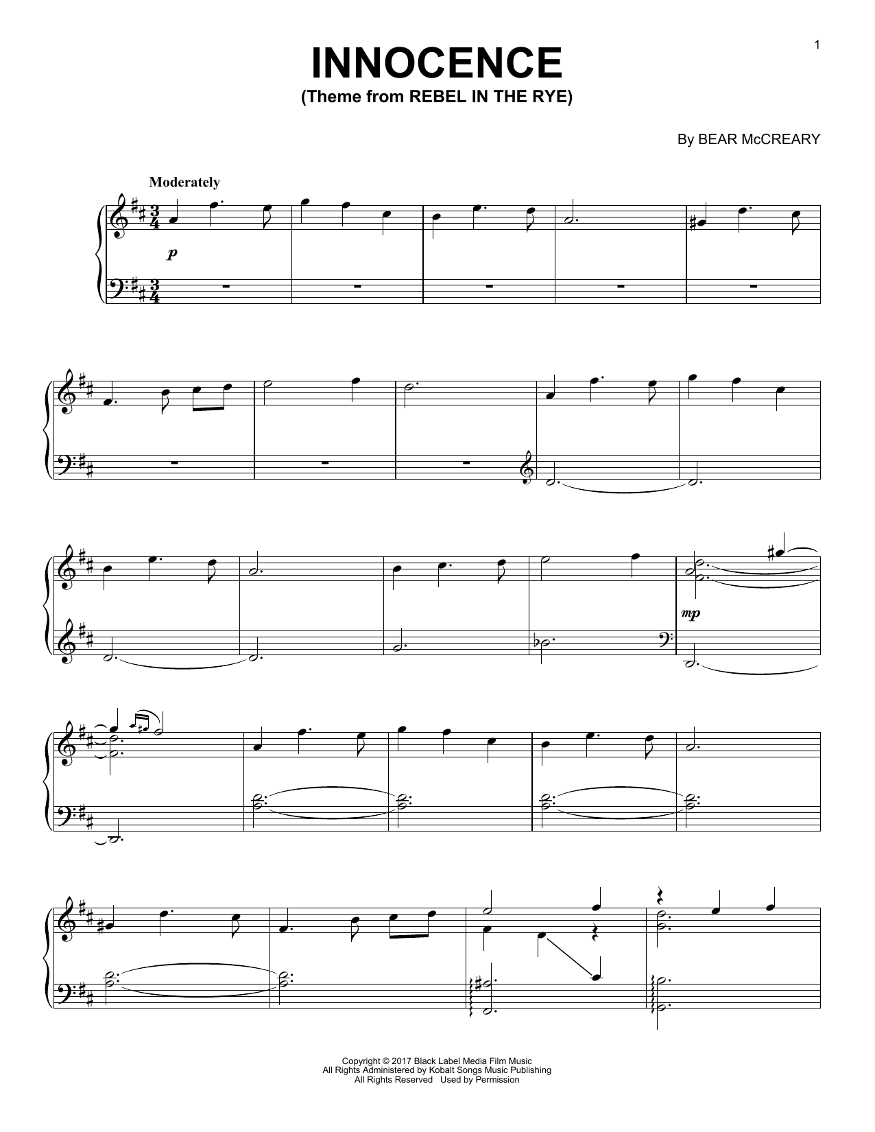 Bear McCreary Innocence (from Rebel In The Rye) Sheet Music Notes & Chords for Piano Solo - Download or Print PDF