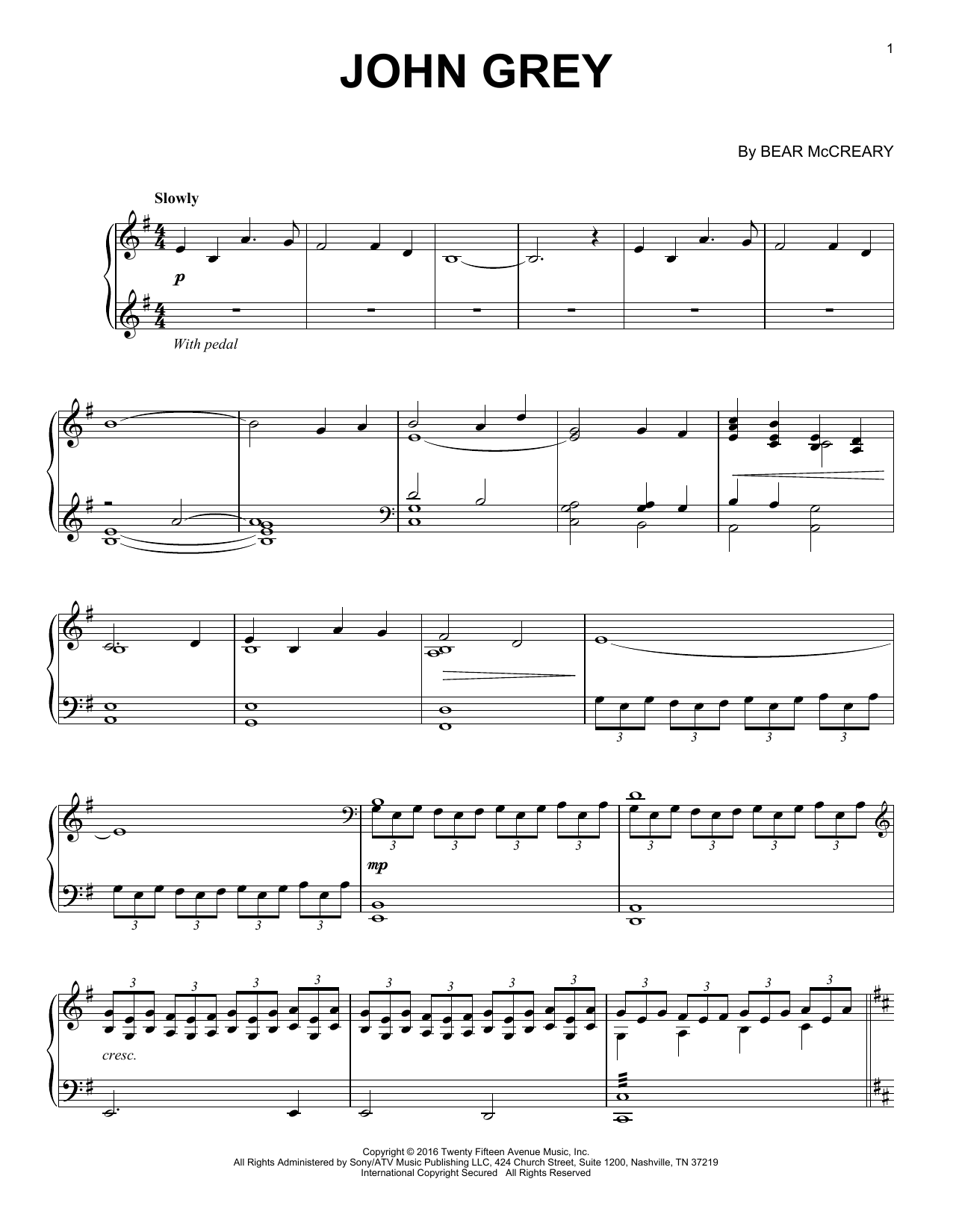 Bear McCreary John Grey (from Outlander) Sheet Music Notes & Chords for Piano Solo - Download or Print PDF