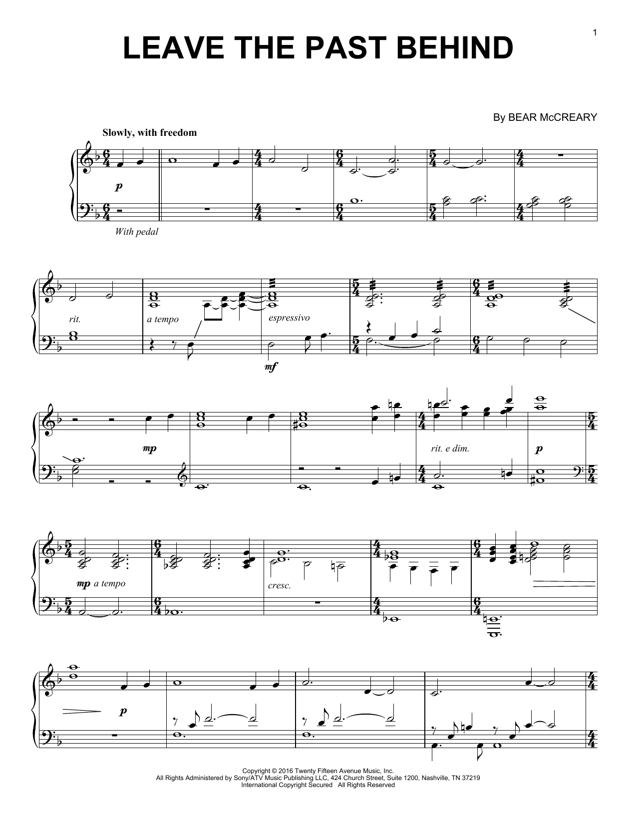 Bear McCreary Leave The Past Behind (from Outlander) Sheet Music Notes & Chords for Piano Solo - Download or Print PDF