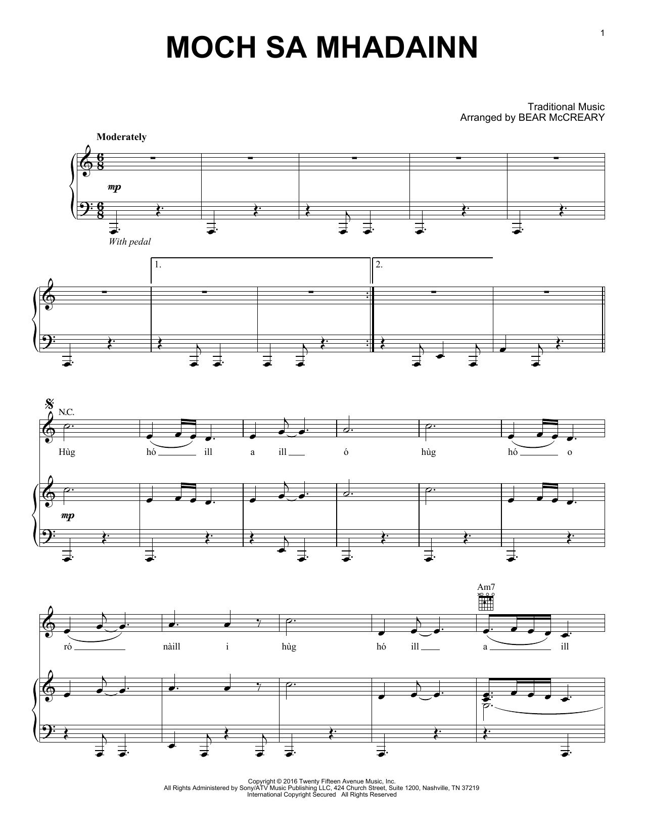Bear McCreary Moch Sa Mhadainn (from Outlander) Sheet Music Notes & Chords for Piano Solo - Download or Print PDF