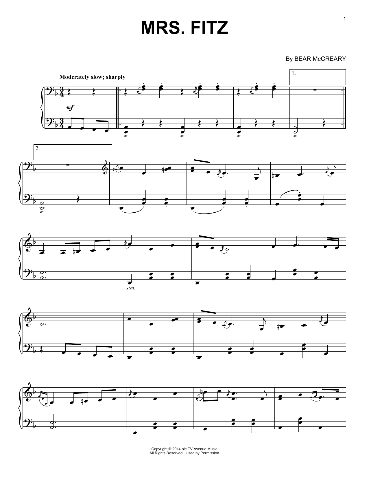 Bear McCreary Mrs. Fitz (from Outlander) Sheet Music Notes & Chords for Piano Solo - Download or Print PDF