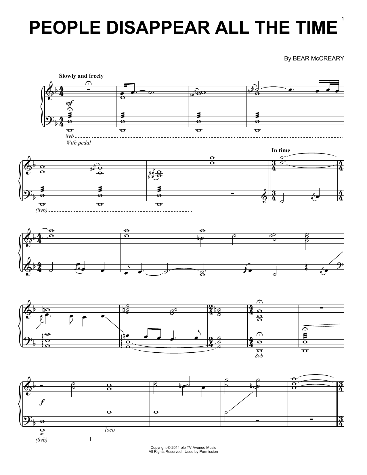 Bear McCreary People Disappear All The Time (from Outlander) Sheet Music Notes & Chords for Piano Solo - Download or Print PDF