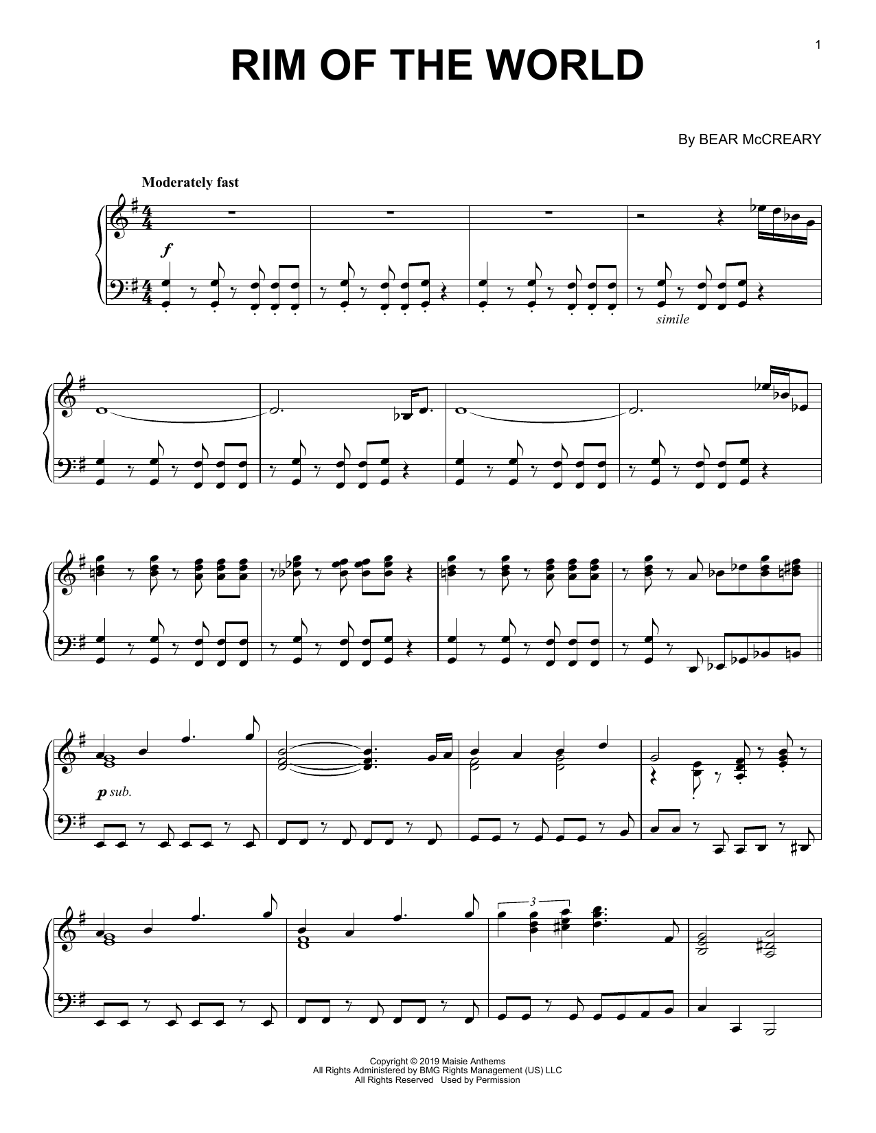 Bear McCreary Rim Of The World Sheet Music Notes & Chords for Piano Solo - Download or Print PDF