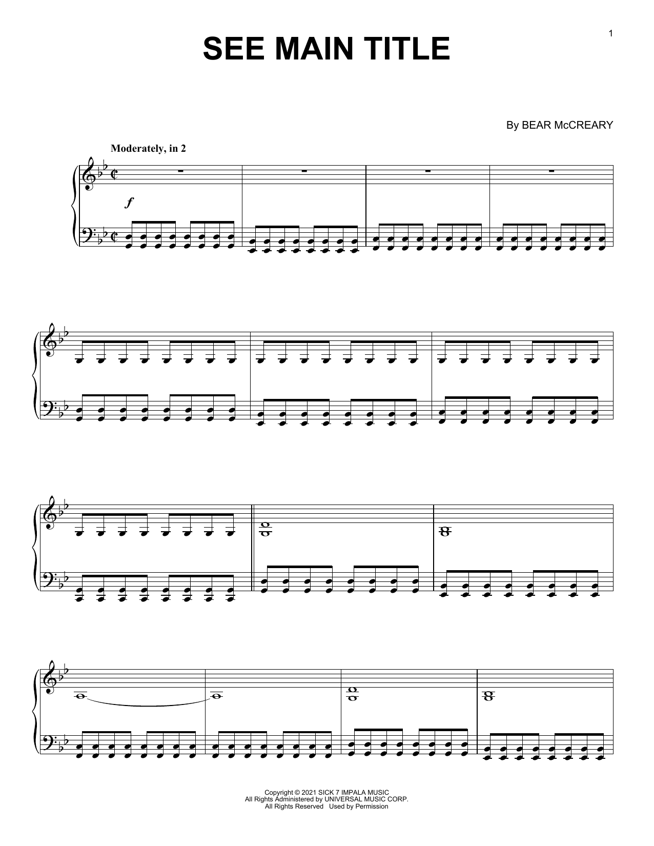 Bear McCreary See - Main Title Theme Sheet Music Notes & Chords for Piano Solo - Download or Print PDF