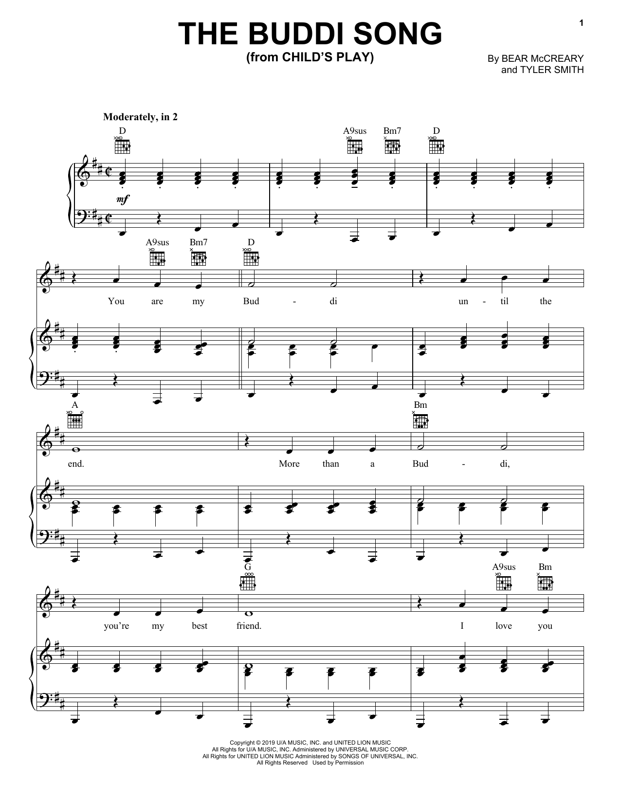 Bear McCreary The Buddi Song (from Child's Play) Sheet Music Notes & Chords for Piano, Vocal & Guitar Chords (Right-Hand Melody) - Download or Print PDF