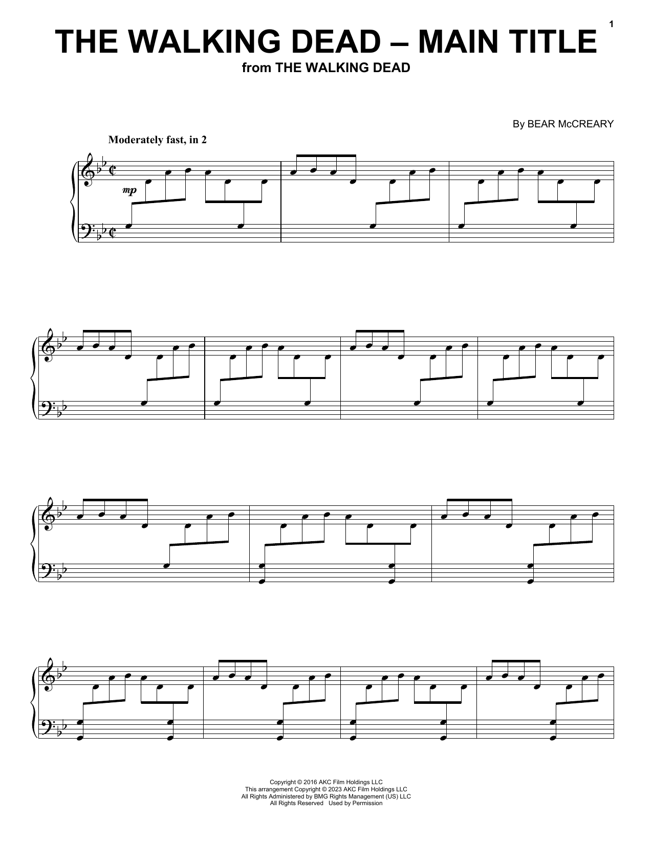Bear McCreary The Walking Dead - Main Title Sheet Music Notes & Chords for Piano - Download or Print PDF
