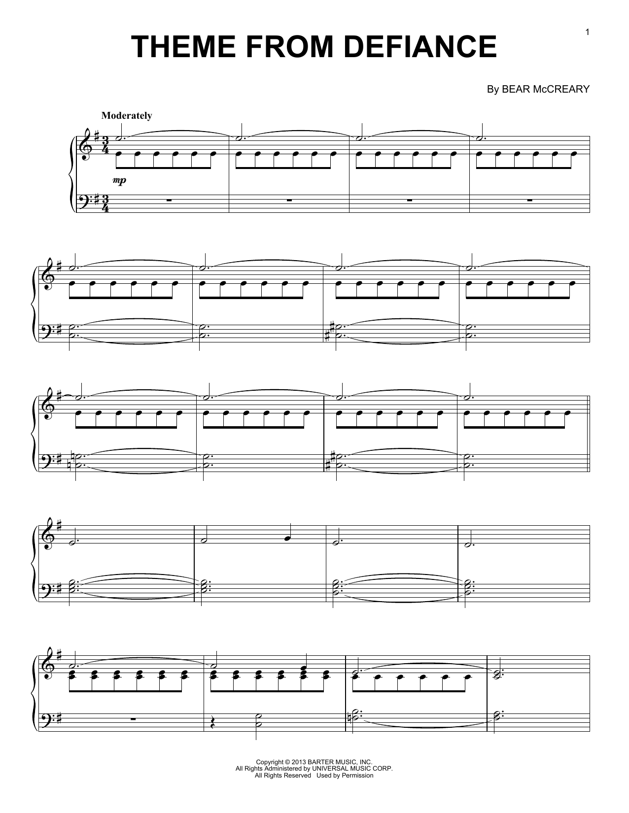 Bear McCreary Theme From Defiance Sheet Music Notes & Chords for Piano Solo - Download or Print PDF