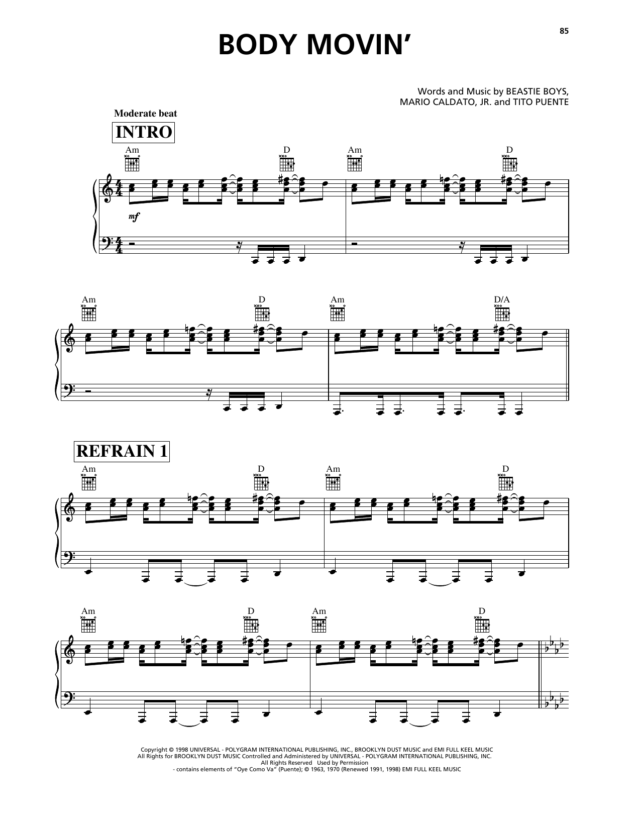 Beastie Boys Body Movin' Sheet Music Notes & Chords for Piano, Vocal & Guitar Chords (Right-Hand Melody) - Download or Print PDF