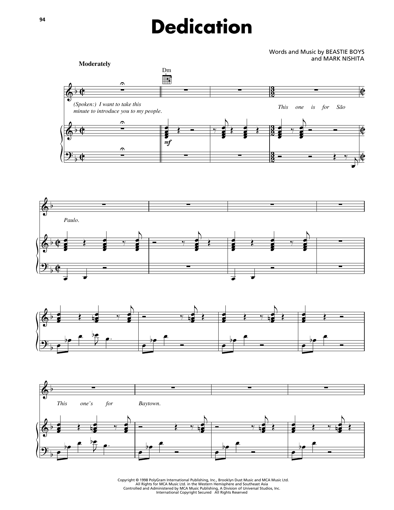Beastie Boys Dedication Sheet Music Notes & Chords for Piano, Vocal & Guitar Chords (Right-Hand Melody) - Download or Print PDF