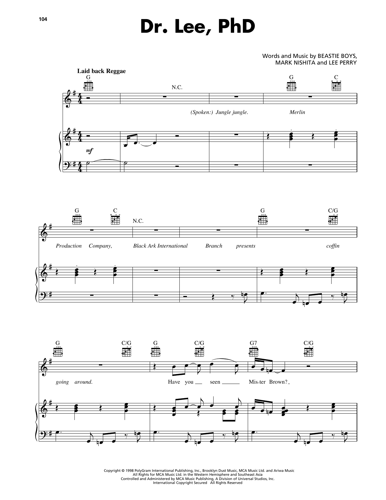 Beastie Boys Dr. Lee, PhD Sheet Music Notes & Chords for Piano, Vocal & Guitar Chords (Right-Hand Melody) - Download or Print PDF