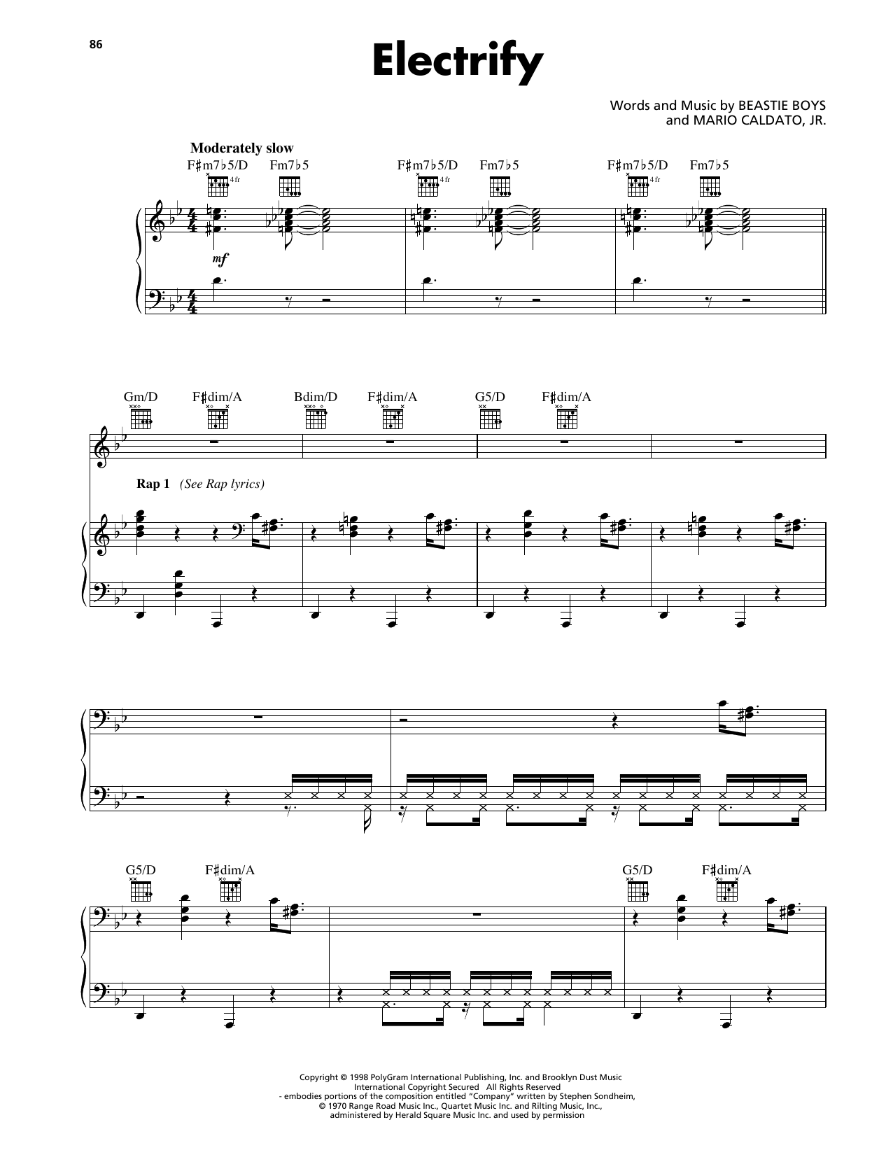 Beastie Boys Electrify Sheet Music Notes & Chords for Piano, Vocal & Guitar Chords (Right-Hand Melody) - Download or Print PDF