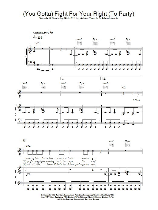Beastie Boys Fight For Your Right (To Party) Sheet Music Notes & Chords for Melody Line, Lyrics & Chords - Download or Print PDF