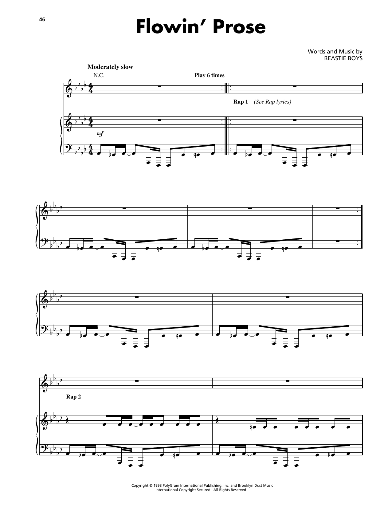Beastie Boys Flowin' Prose Sheet Music Notes & Chords for Piano, Vocal & Guitar Chords (Right-Hand Melody) - Download or Print PDF