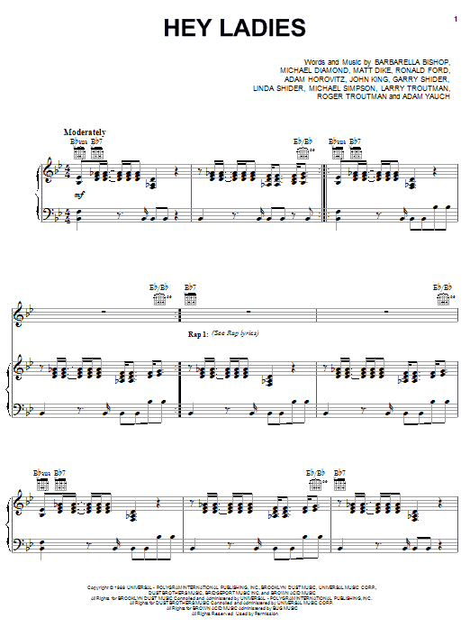Beastie Boys Hey Ladies Sheet Music Notes & Chords for Piano, Vocal & Guitar (Right-Hand Melody) - Download or Print PDF