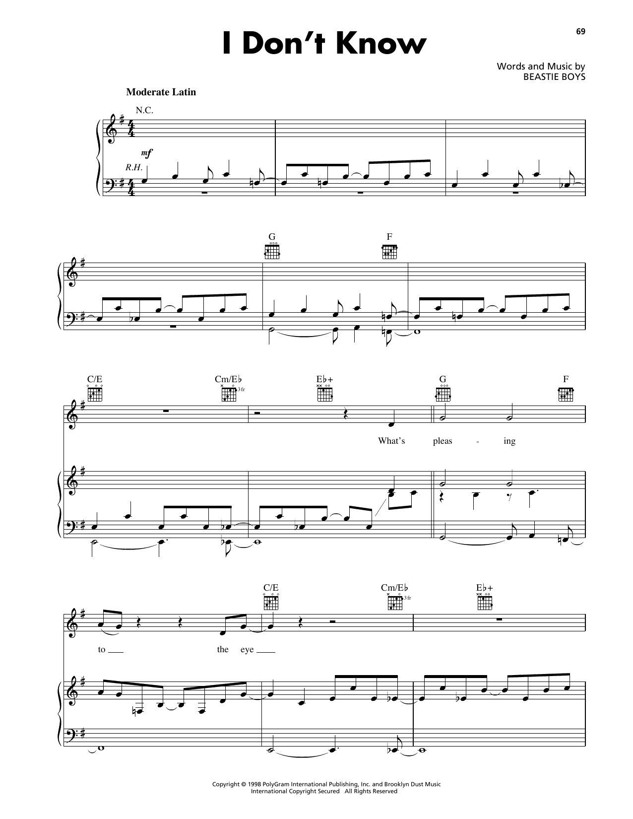 Beastie Boys I Don't Know Sheet Music Notes & Chords for Piano, Vocal & Guitar Chords (Right-Hand Melody) - Download or Print PDF