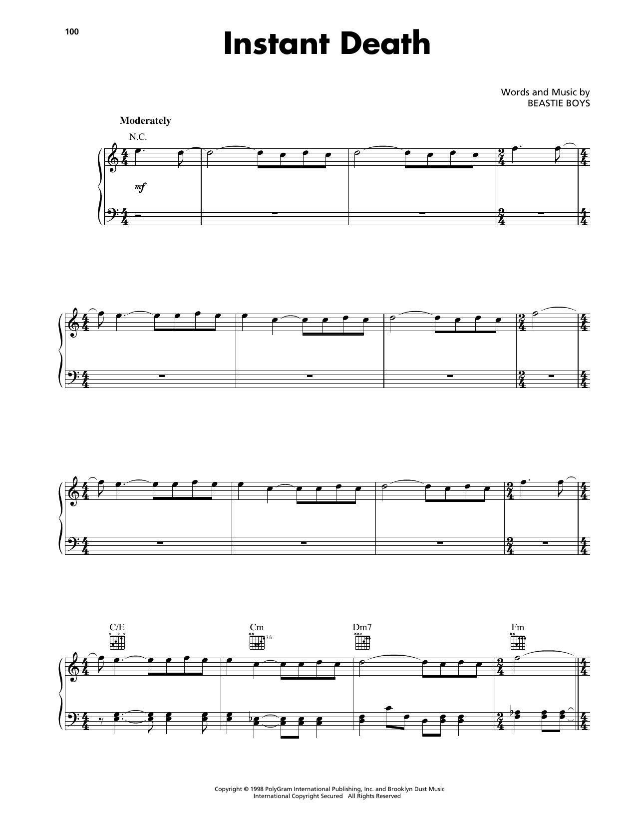 Beastie Boys Instant Death Sheet Music Notes & Chords for Piano, Vocal & Guitar Chords (Right-Hand Melody) - Download or Print PDF