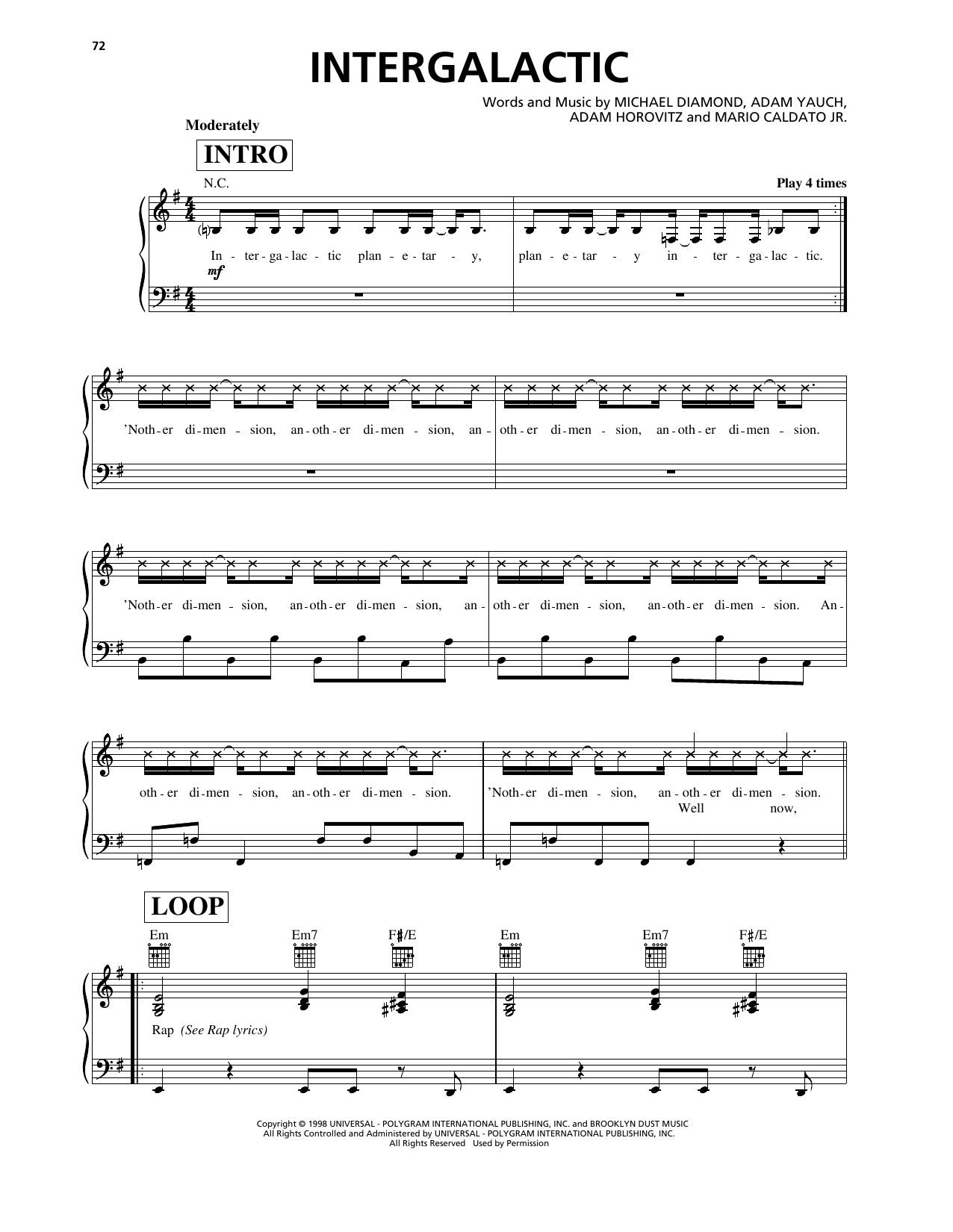 Beastie Boys Intergalactic Sheet Music Notes & Chords for Piano, Vocal & Guitar Chords (Right-Hand Melody) - Download or Print PDF