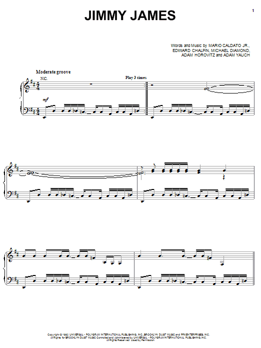 Beastie Boys Jimmy James Sheet Music Notes & Chords for Piano, Vocal & Guitar (Right-Hand Melody) - Download or Print PDF