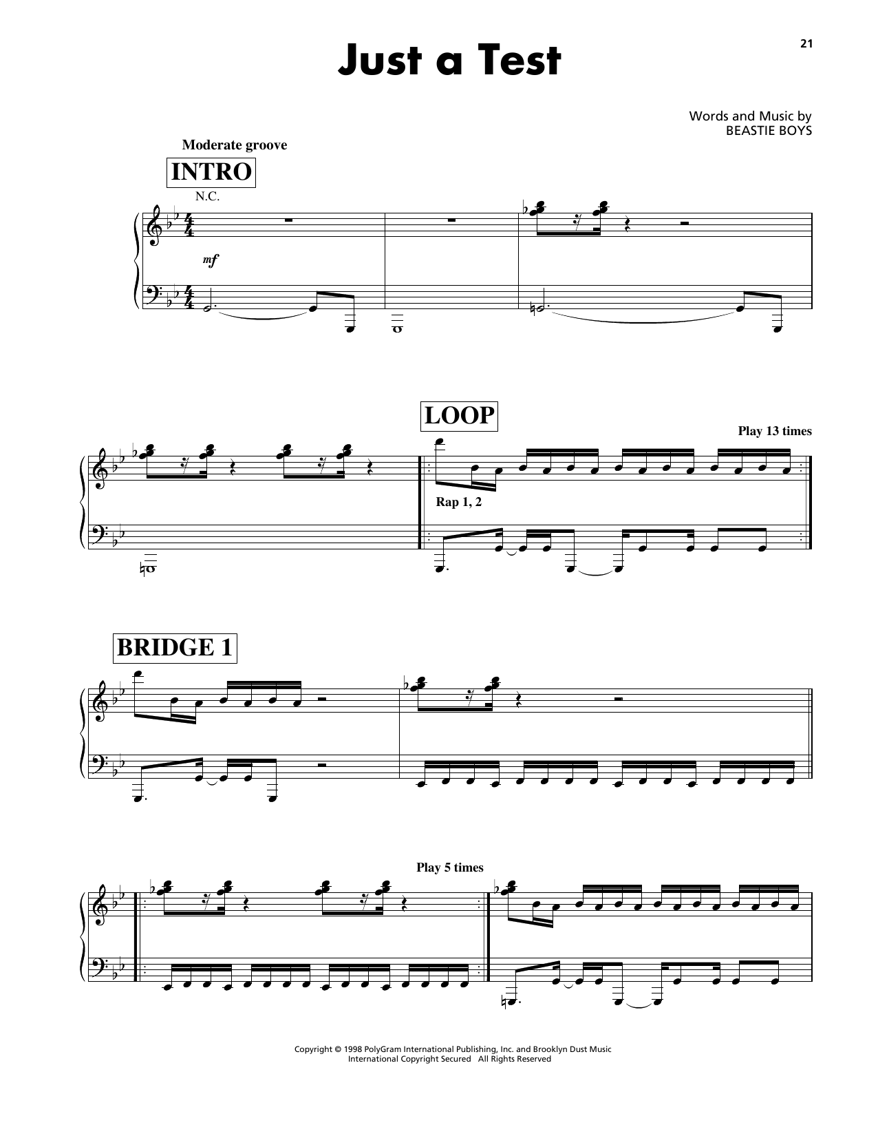 Beastie Boys Just A Test Sheet Music Notes & Chords for Piano, Vocal & Guitar Chords (Right-Hand Melody) - Download or Print PDF