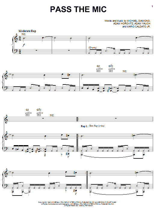 Beastie Boys Pass The Mic Sheet Music Notes & Chords for Piano, Vocal & Guitar (Right-Hand Melody) - Download or Print PDF