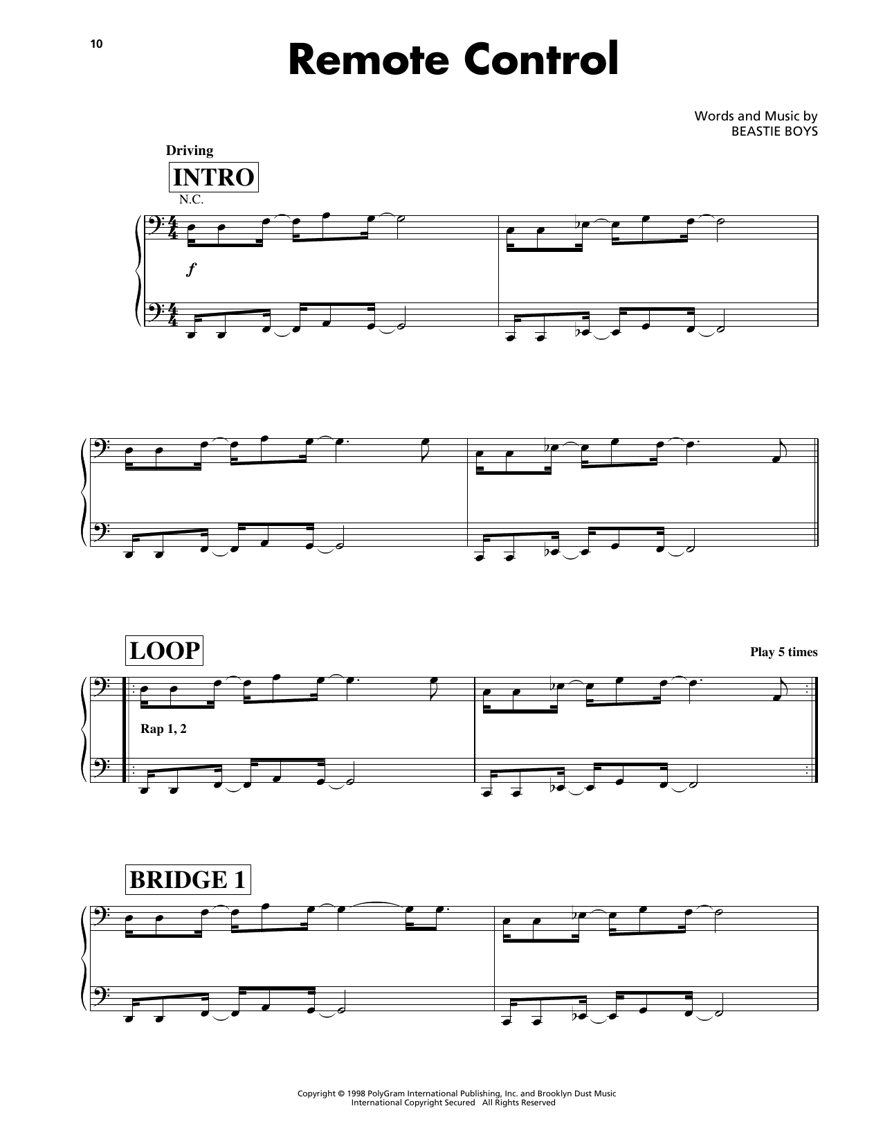 Beastie Boys Remote Control Sheet Music Notes & Chords for Piano, Vocal & Guitar Chords (Right-Hand Melody) - Download or Print PDF