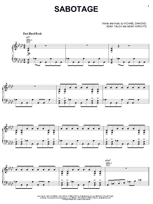 Beastie Boys Sabotage Sheet Music Notes & Chords for Easy Bass Tab - Download or Print PDF