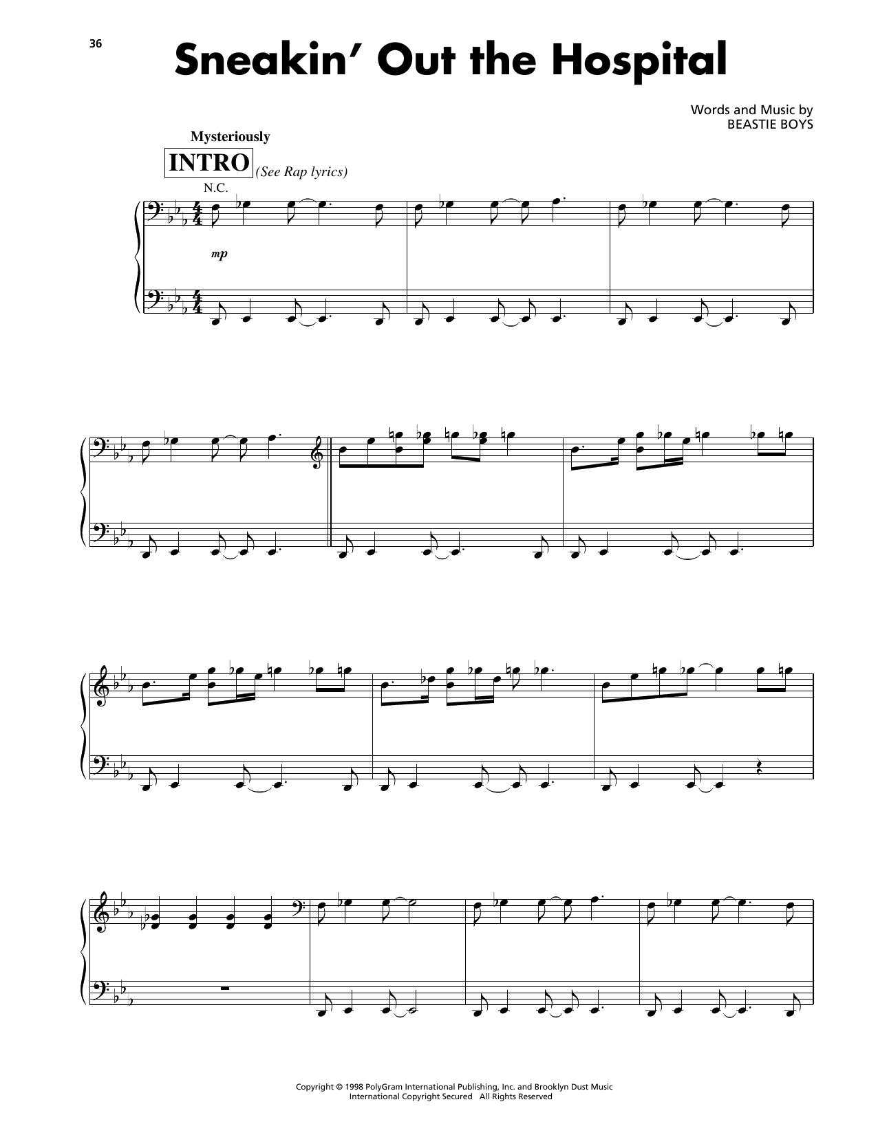 Beastie Boys Sneakin' Out The Hospital Sheet Music Notes & Chords for Piano, Vocal & Guitar Chords (Right-Hand Melody) - Download or Print PDF