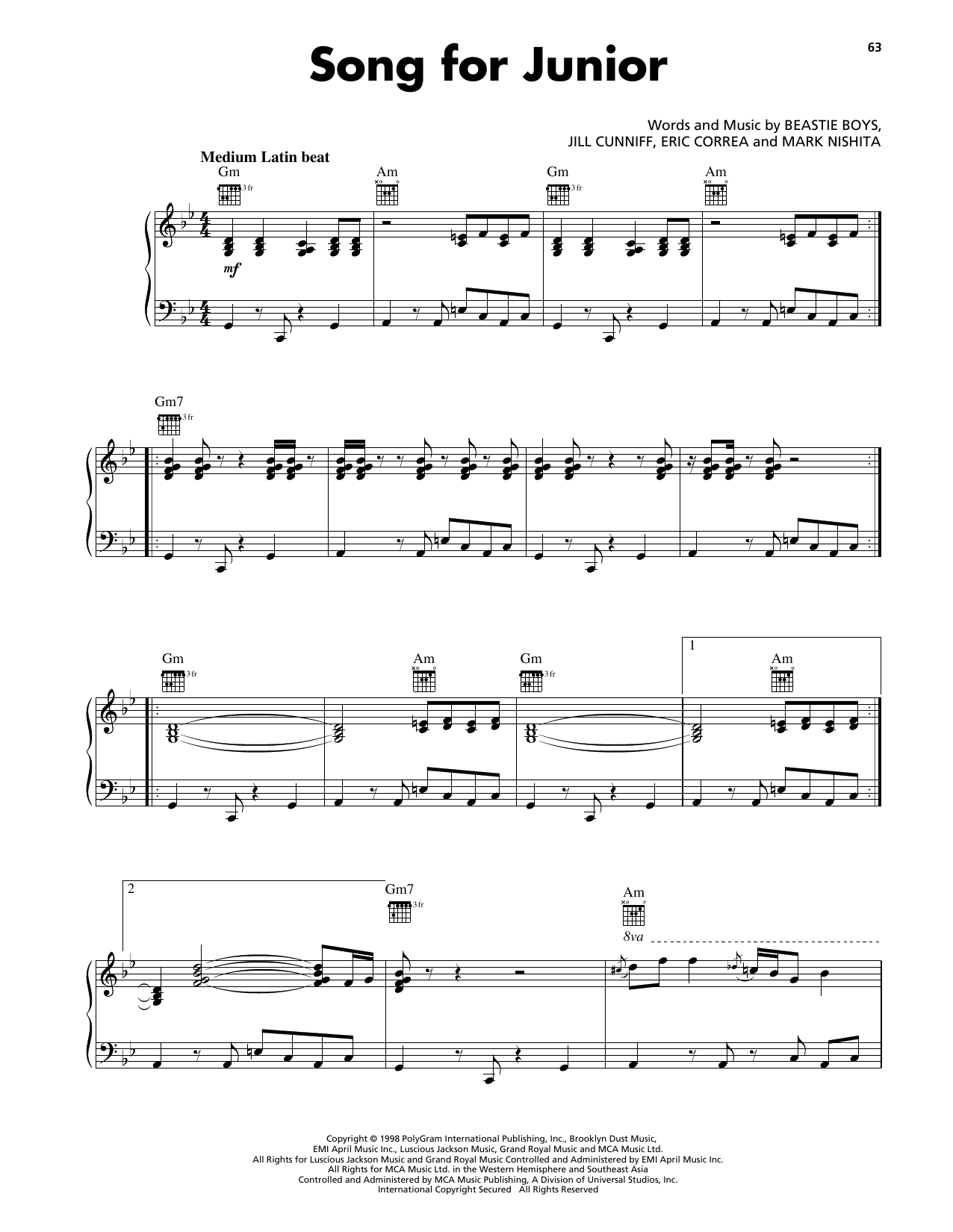 Beastie Boys Song For Junior Sheet Music Notes & Chords for Piano, Vocal & Guitar Chords (Right-Hand Melody) - Download or Print PDF
