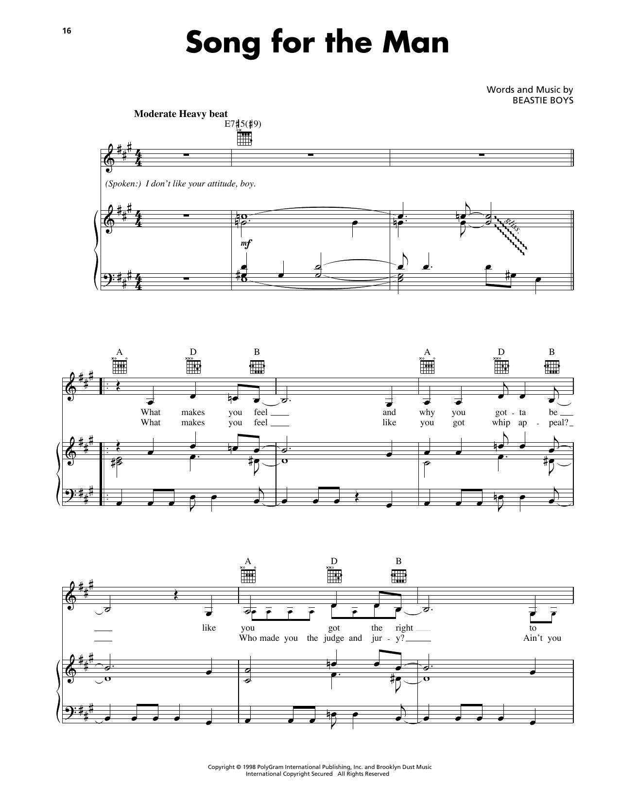Beastie Boys Song For The Man Sheet Music Notes & Chords for Piano, Vocal & Guitar Chords (Right-Hand Melody) - Download or Print PDF