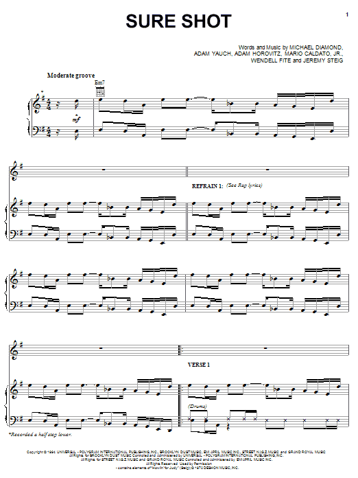 Beastie Boys Sure Shot Sheet Music Notes & Chords for Piano, Vocal & Guitar (Right-Hand Melody) - Download or Print PDF