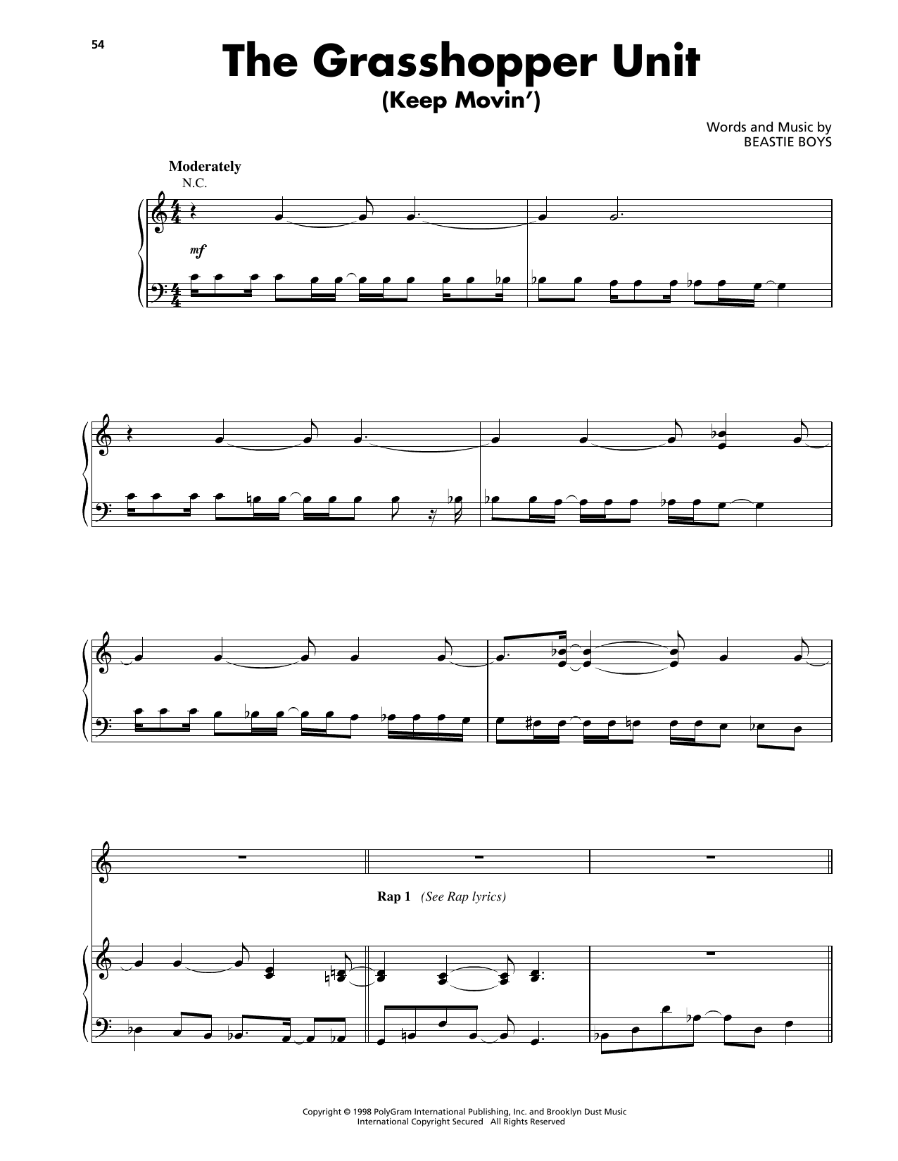 Beastie Boys The Grasshopper Unit (Keep Movin') Sheet Music Notes & Chords for Piano, Vocal & Guitar Chords (Right-Hand Melody) - Download or Print PDF