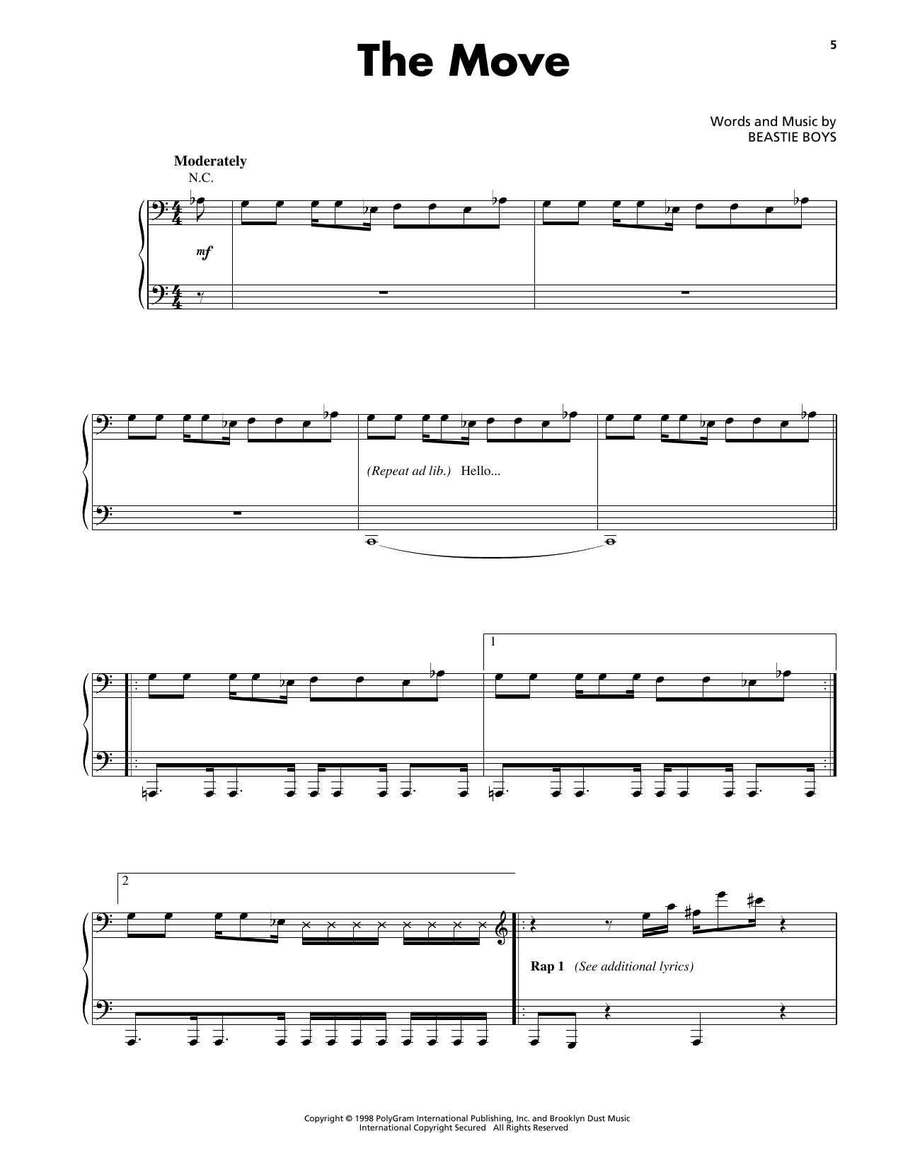 Beastie Boys The Move Sheet Music Notes & Chords for Piano, Vocal & Guitar Chords (Right-Hand Melody) - Download or Print PDF