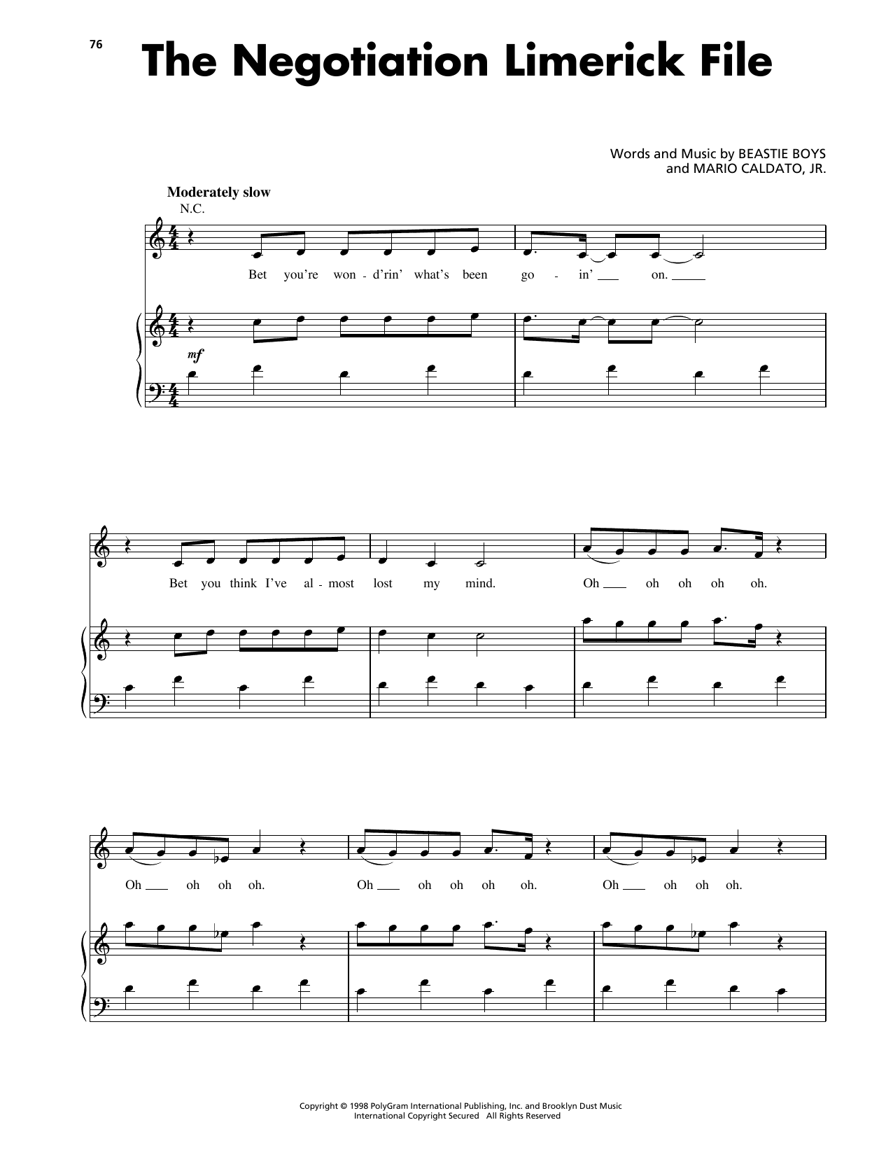 Beastie Boys The Negotiation Limerick File Sheet Music Notes & Chords for Piano, Vocal & Guitar Chords (Right-Hand Melody) - Download or Print PDF
