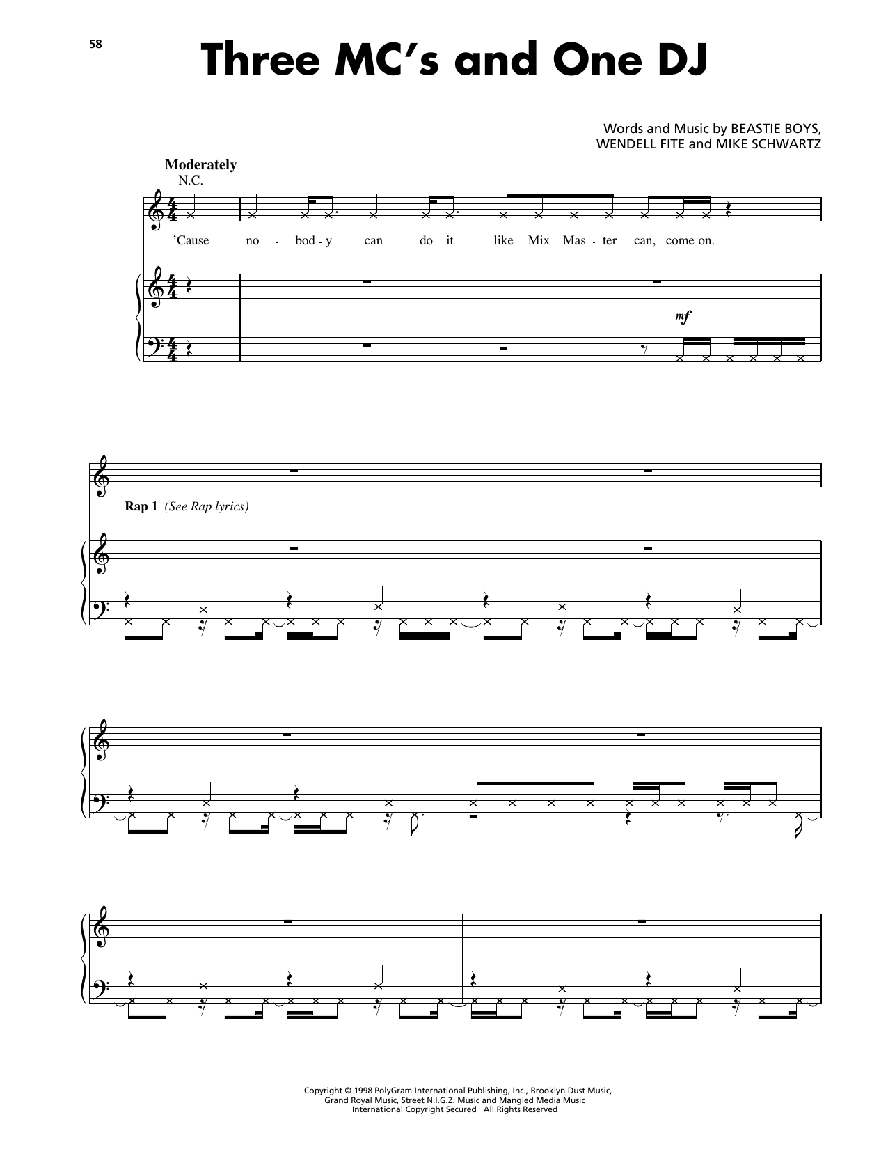 Beastie Boys Three MC's And One DJ Sheet Music Notes & Chords for Piano, Vocal & Guitar Chords (Right-Hand Melody) - Download or Print PDF