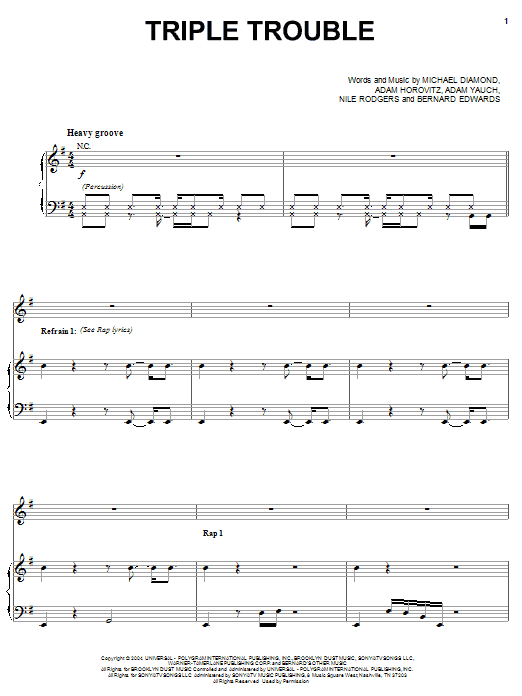 Beastie Boys Triple Trouble Sheet Music Notes & Chords for Piano, Vocal & Guitar (Right-Hand Melody) - Download or Print PDF