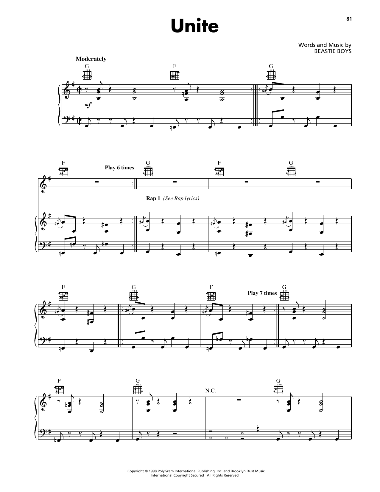 Beastie Boys Unite Sheet Music Notes & Chords for Piano, Vocal & Guitar Chords (Right-Hand Melody) - Download or Print PDF