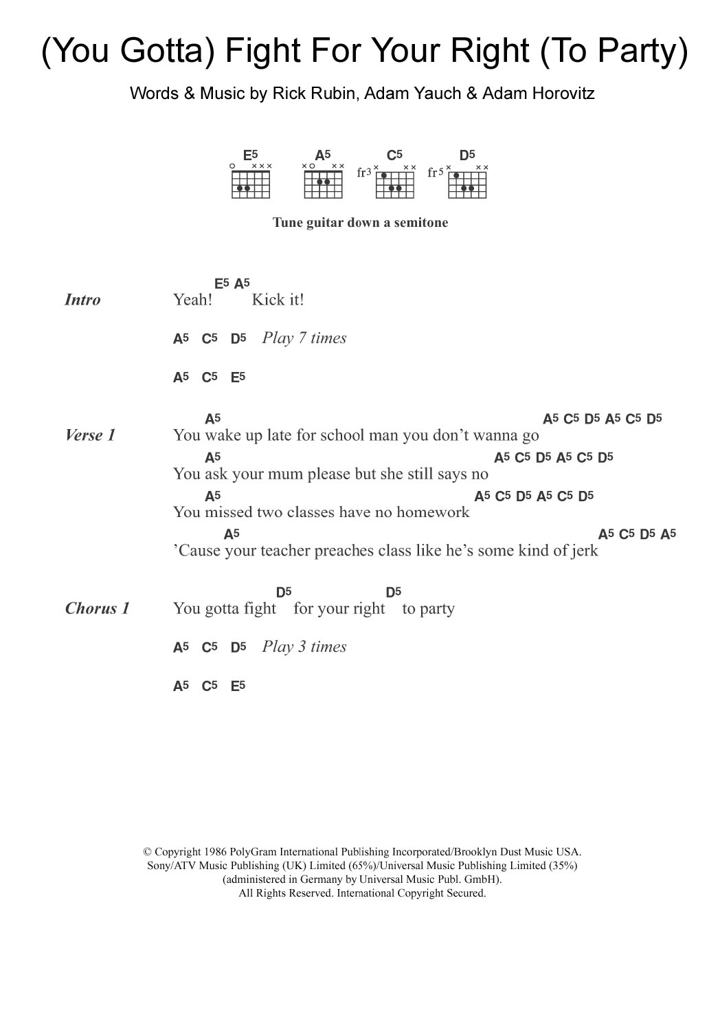 Beastie Boys (You Gotta) Fight For Your Right (To Party) Sheet Music Notes & Chords for Lyrics & Chords - Download or Print PDF
