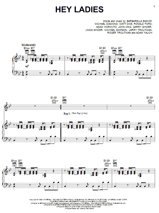 Preview Beastie Boys Hey Ladies Pop sheet music, notes and chords for Piano, Vocal & Guitar (Right-Hand Melody), SKU: 63841 Hey Ladies sheet music