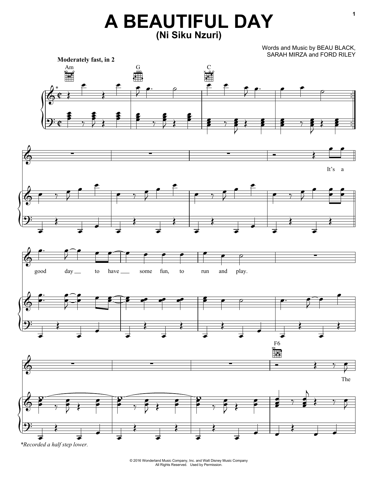 Ford Riley A Beautiful Day Sheet Music Notes & Chords for Piano, Vocal & Guitar (Right-Hand Melody) - Download or Print PDF