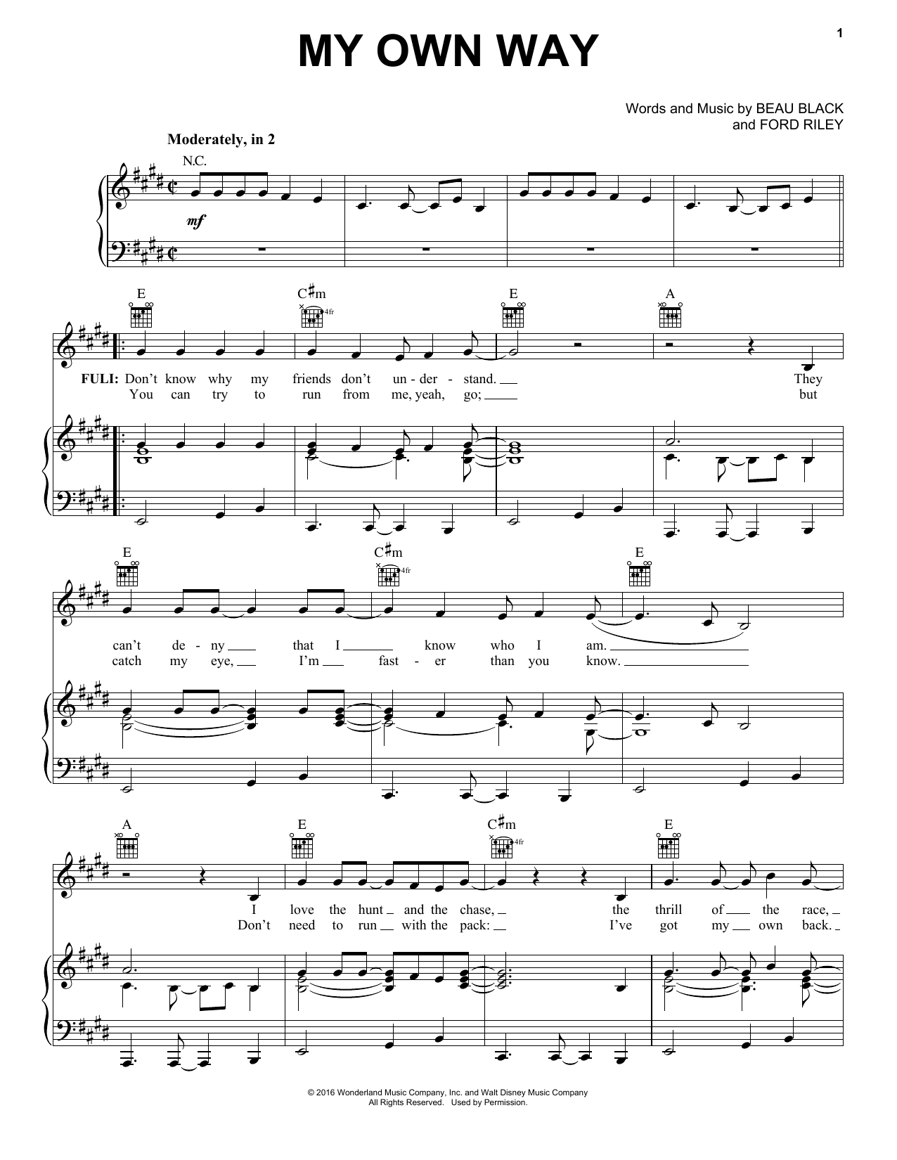 Beau Black My Own Way Sheet Music Notes & Chords for Piano, Vocal & Guitar (Right-Hand Melody) - Download or Print PDF